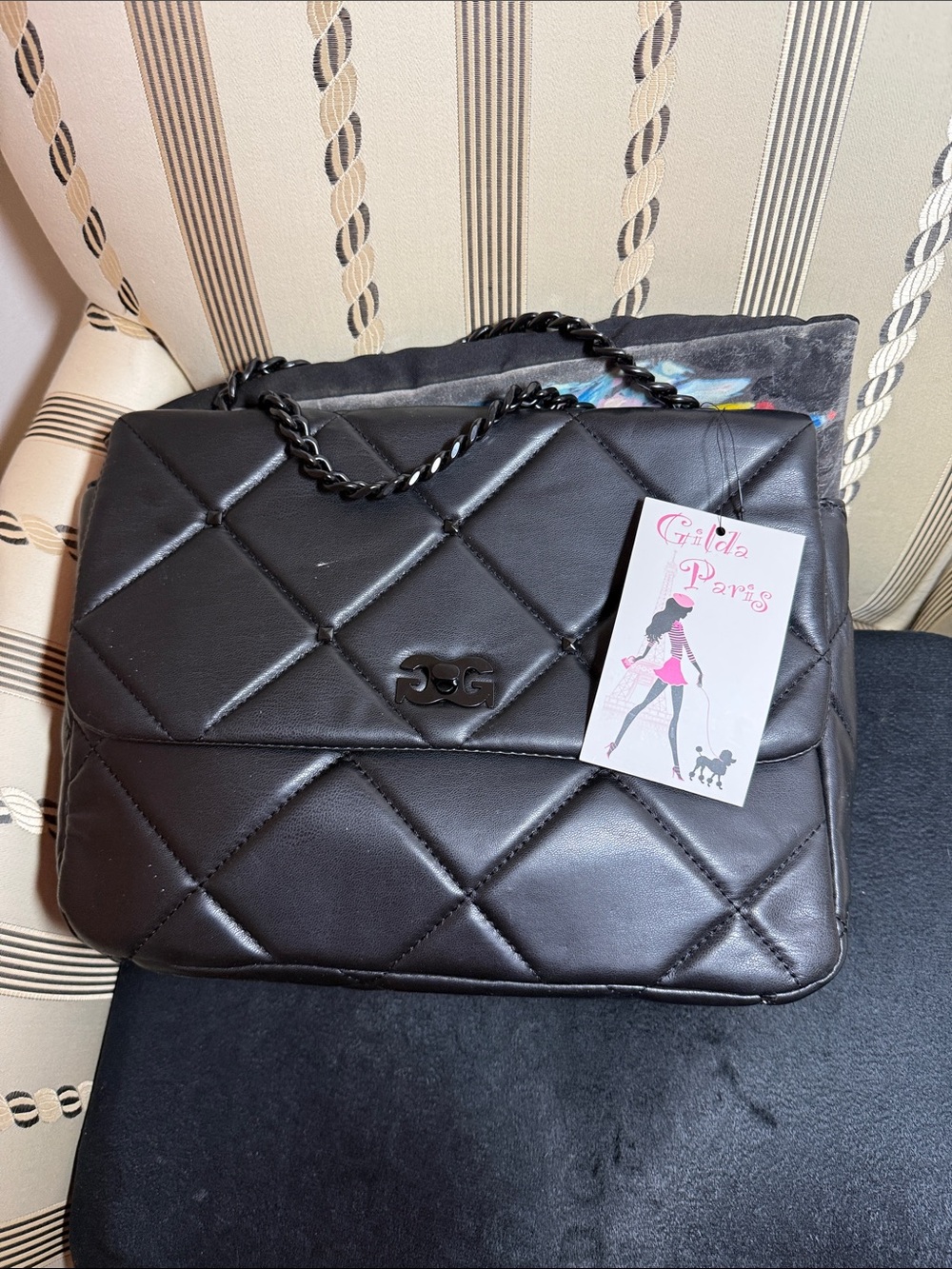 Gilda Paris Quilted Black Shoulder Bag with Chain Strap